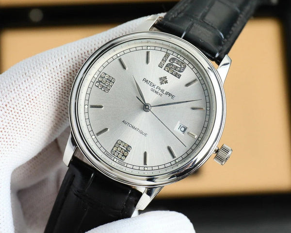 Patek Philippe Calatrava 40mm Gemstone-set Hour Marker Silver Dial Black Leather Strap