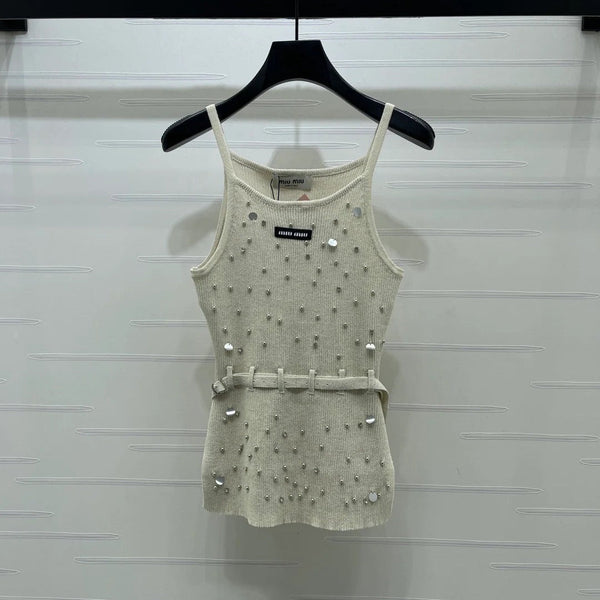 Miumiu 2026 Top en maille avec détails en cristal et taille ceinturée en laine