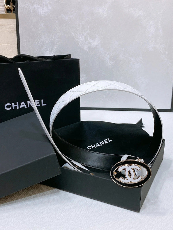 CC 30MM BELT IN WHITE EMBROIDERED CALFSKIN WHITE MIX BLACK METAL LOGO GOLD HARDWARE