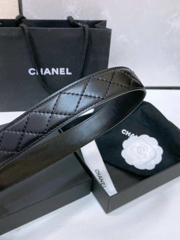 CC BELT 30 MM IN BLACK EMBROIDERED CALFSKIN PEARL LOGO WITH GOLD HARDWARE