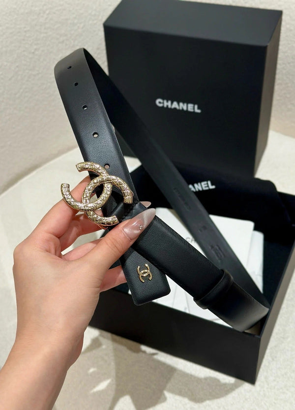 DOUBLE C BELT 30MM IN BLACK CALFSKIN WITH GOLD HARDWARE AND CARO STITCHING