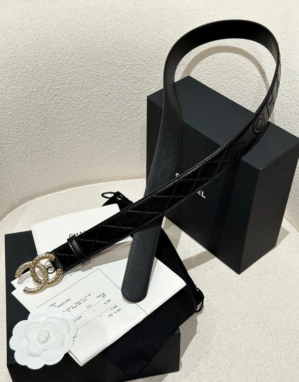 DOUBLE C BELT 30MM IN BLACK CALFSKIN EMBOSSED LOGO GOLD BUCKLE