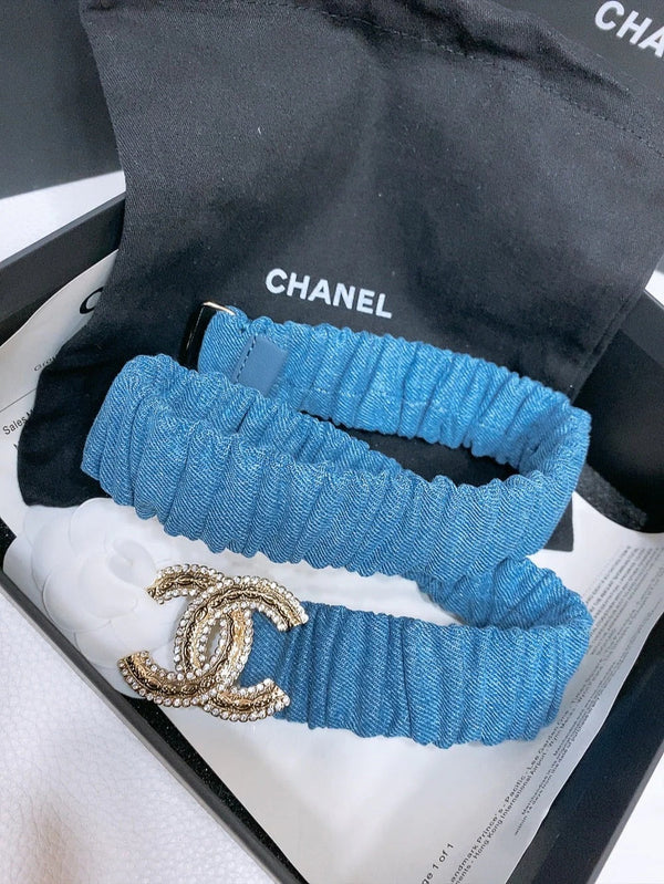 CINTURA ELASTICA DOPPIA C 30MM IN DENIM BLU FIBBIA ORO CRISTALLO RILIEVO