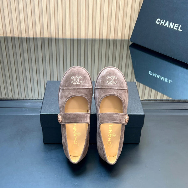 CHANEL 25S DOUBLE-STRAP MARY JANE SHOES IN TAUPE GRAY SUEDE