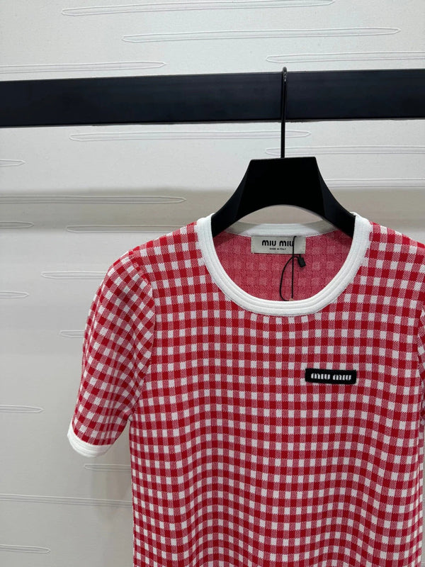 MIUMIU CREW NECK SHORT-SLEEVE PLAID KNIT TOP 274834