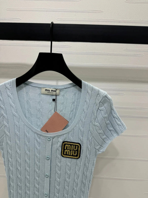 MIUMIU U-NECK KNITTED SHORT-SLEEVE TOP LIGHT BLUE 274948