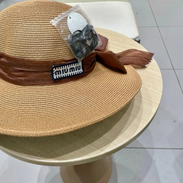 MM WIDE-BRIM BEACH HAT IN BEIGE WITH FABRIC BOW