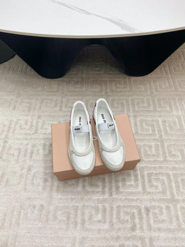 BALLET FLAT SHOES IN WHITE MESH AND BEIGE SUEDE