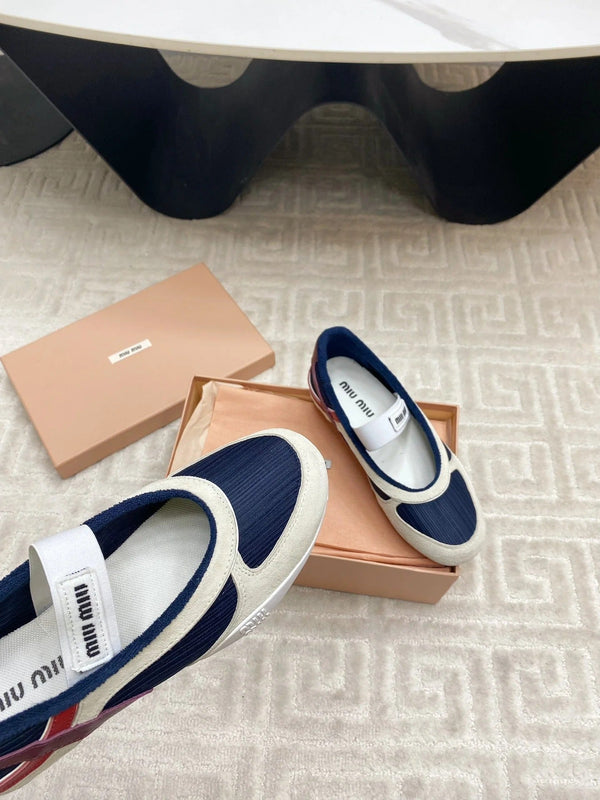 BALLET FLAT SHOES IN NAVY MESH AND WHITE SUEDE