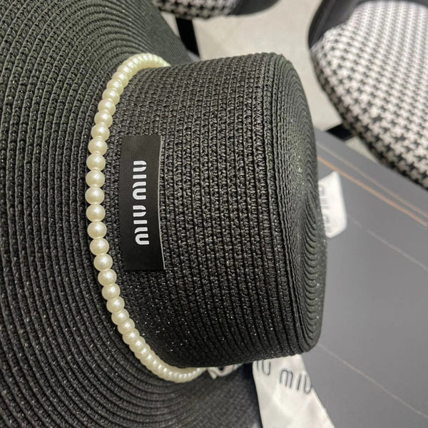 CAPPELLO DI PAGLIA A TESA PICCOLA MM IN NERO E PERLA DECORATO