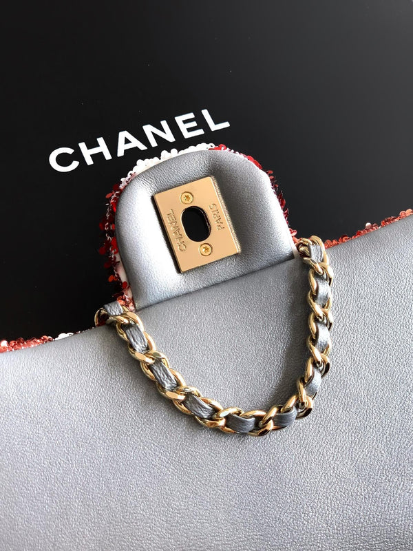 Chanel 2026 Flap Bag 20cm Red mix White Sequin Leather
