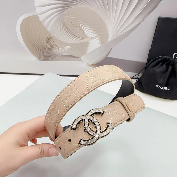 CC 30MM BELT IN BEIGE CREAM EMBROIDERED CALFSKIN METAL HARDWARE