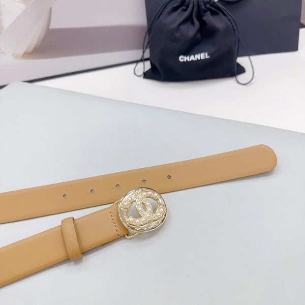 CC 30MM BELT IN CAMEL BEIGE CALFSKIN SILVER HARDWARE ATTACH PEARLS