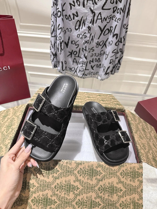 SANDALS IN BLACK SUEDE EMBOSSED LOGO SILVER HARDWARE