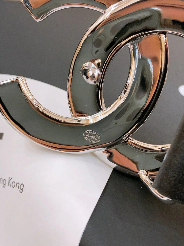 DOUBLE C BELT 40MM IN BLACK CALFSKIN SILVER BUCKLE EMBOSSED WHITE LOGO