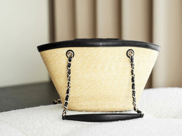 Chanel 2026 Shopping Bag 40cm Beige Black Straw Lambskin 351031