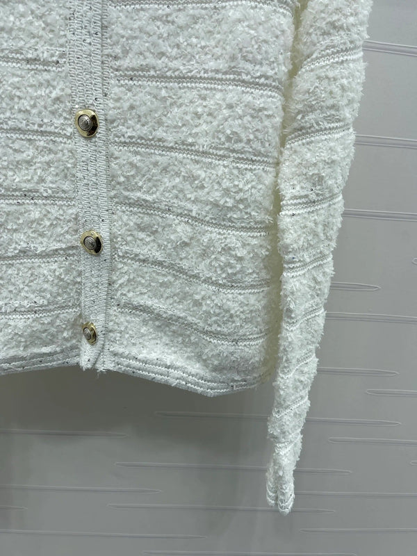 Cardigan Chanel 2026 en laine blanche à rayures et sequins, manches longues