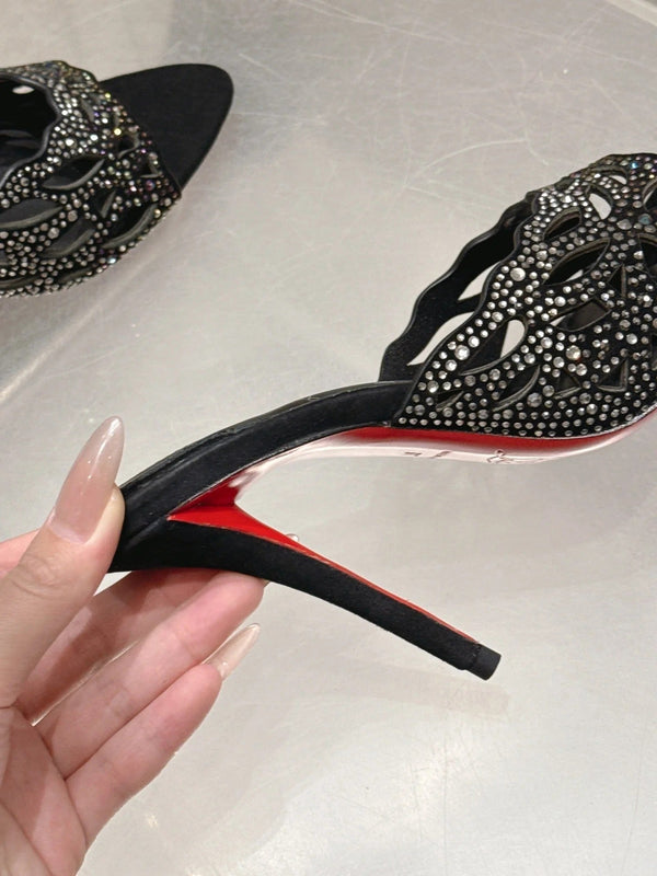 CL 26SS High-Heeled Slippers 100 Black Suede Sheepskin 636694