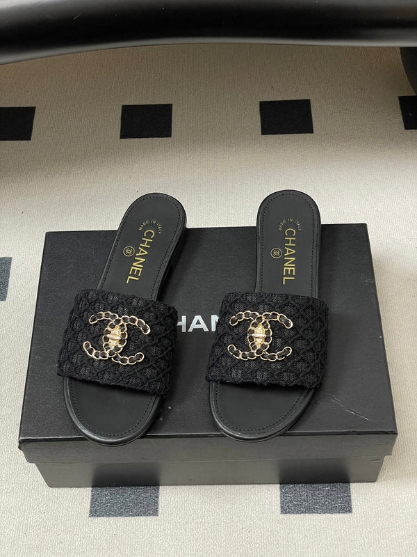 CC 26s Ballerines Plates Tissu Noir Peau de Mouton 649492