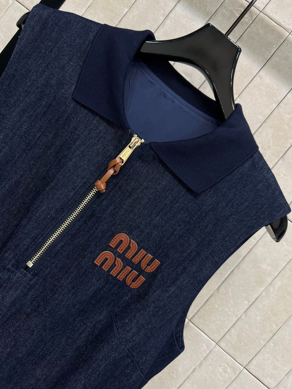 Miumiu 2026 Robe sans manches en jean Coton bleu foncé 357003