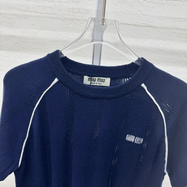 Miumiu 2026 T-shirt Laine Cachemire Bleu Blanc 356971