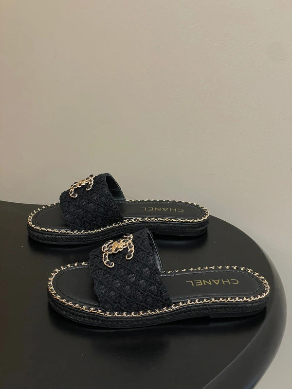 CC 26s Ballerines Plates Tissu Noir Or Peau de Mouton 649487