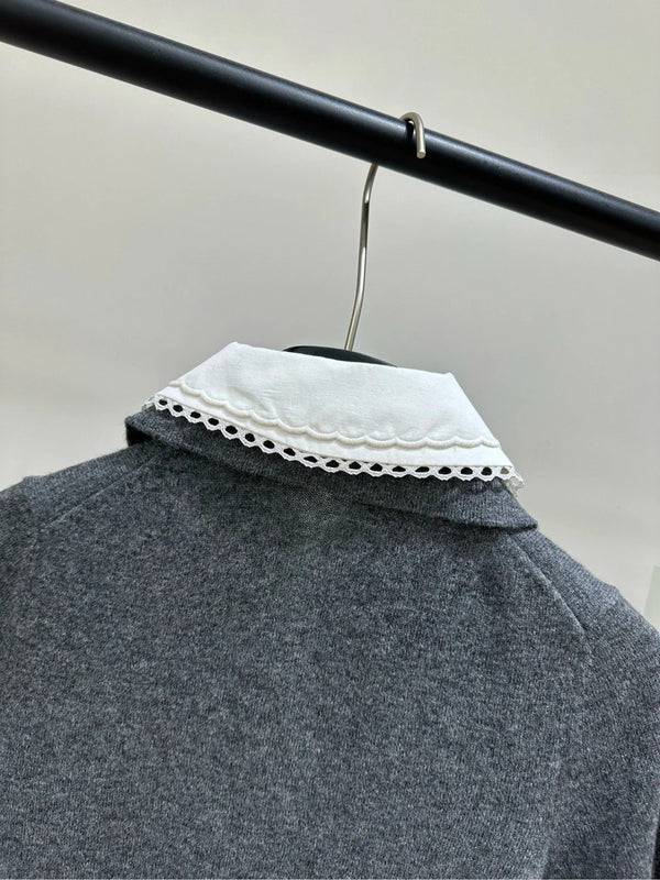 Miumiu 2026 Lace Peter Pan Collar Polo Knit Short-Sleeve T-Shirt Grey Cashmere