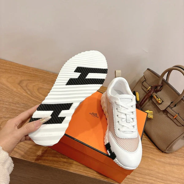 HM 26ss Sneakers White Beige Cowhide Fabric 638565