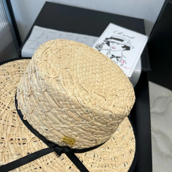 MM STRAW HAT IN BEIGE RAFFIA MIX BLACK FABRIC TRIM