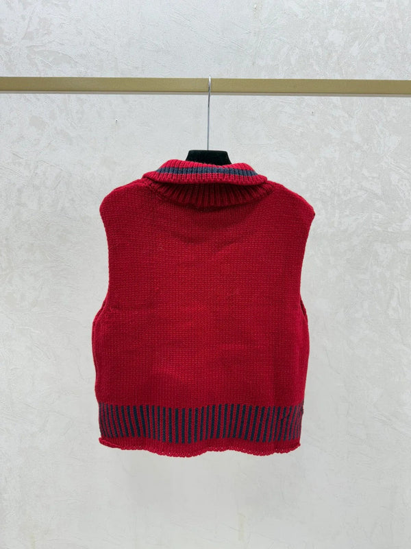 CC 26 Gilet en maille collerette rouge et crème en laine 331417