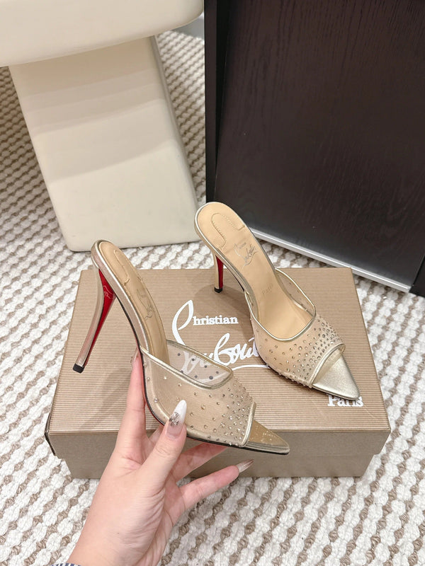 CL 26SS Mules à talons hauts 100 Cuir et résille champagne doré Strass 658053
