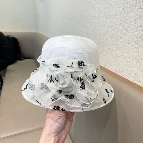 STRAW HAT WITH CHIFFON FLOWER WHITE 672758