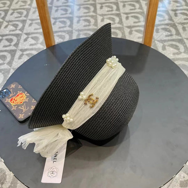 STRAW HAT BOW WITH PEARL BLACK 672699