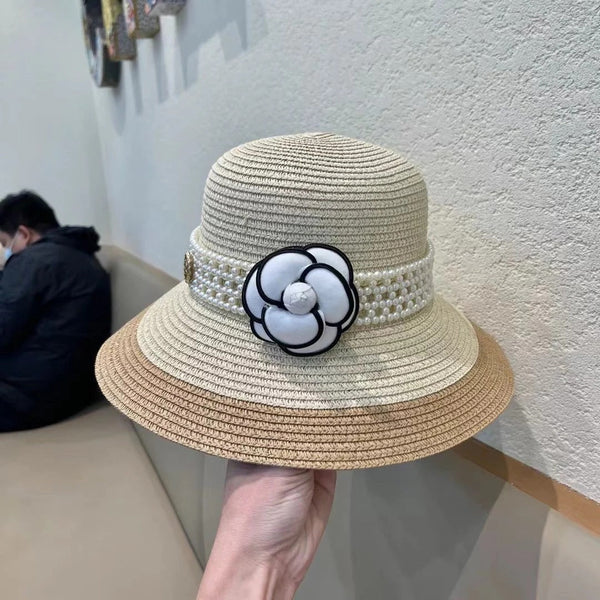 STRAW BUCKET HAT WINDSOR GREIGE WITH PEARLS 672763