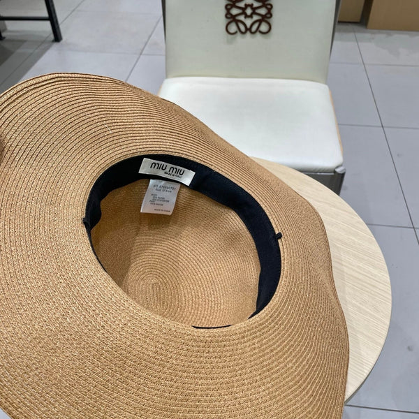 MM WIDE-BRIM BEACH HAT IN BEIGE WITH FABRIC BOW