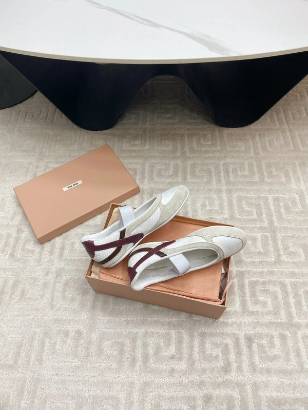 BALLET FLAT SHOES IN WHITE MESH AND BEIGE SUEDE