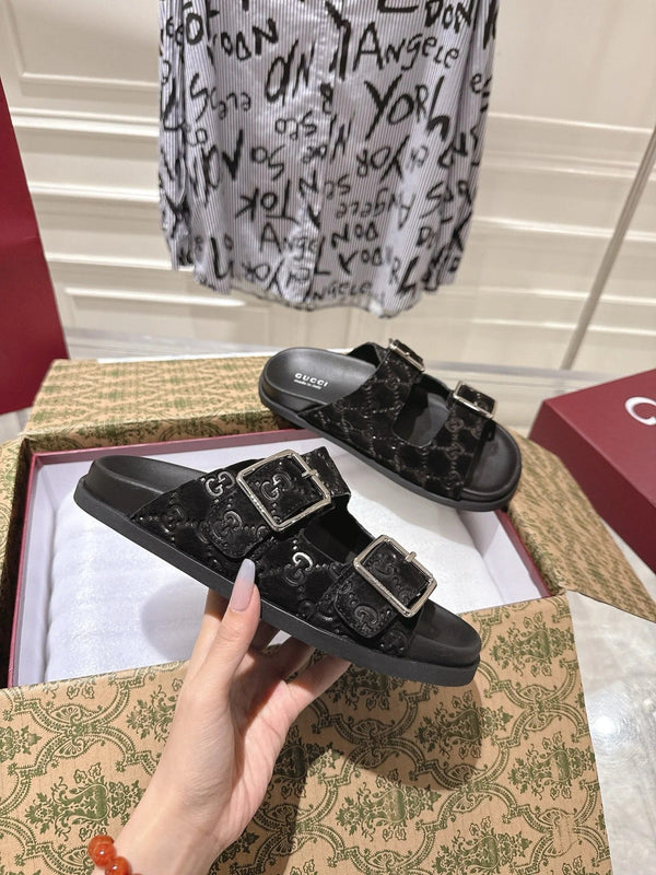 SANDALS IN BLACK SUEDE EMBOSSED LOGO SILVER HARDWARE