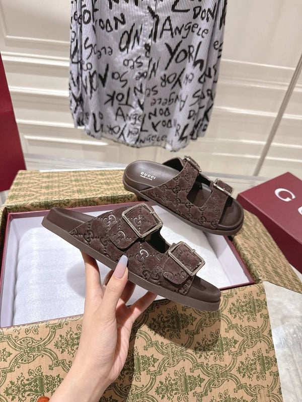 SANDALS IN NAVY BROWN SUEDE EMBOSSED LOGO SILVER HARDWARE