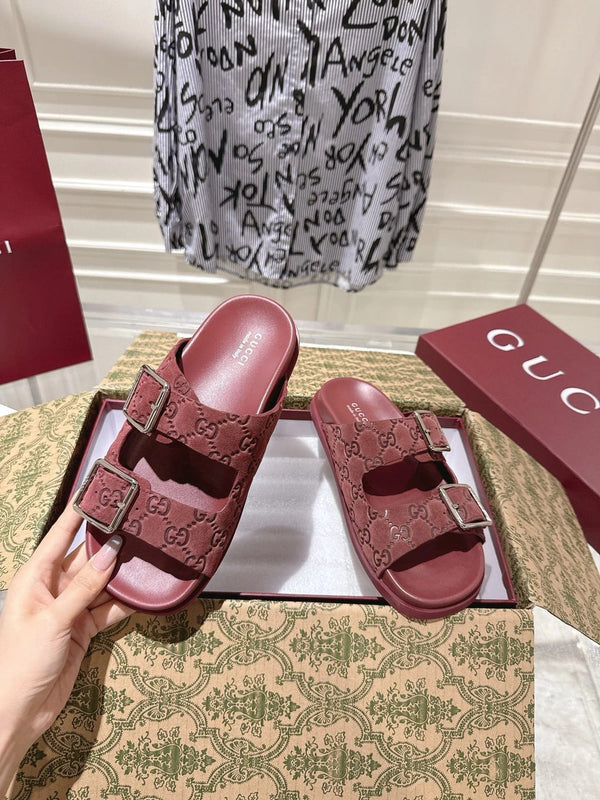 SANDALS IN NAVY RED SUEDE EMBOSSED LOGO SILVER HARDWARE