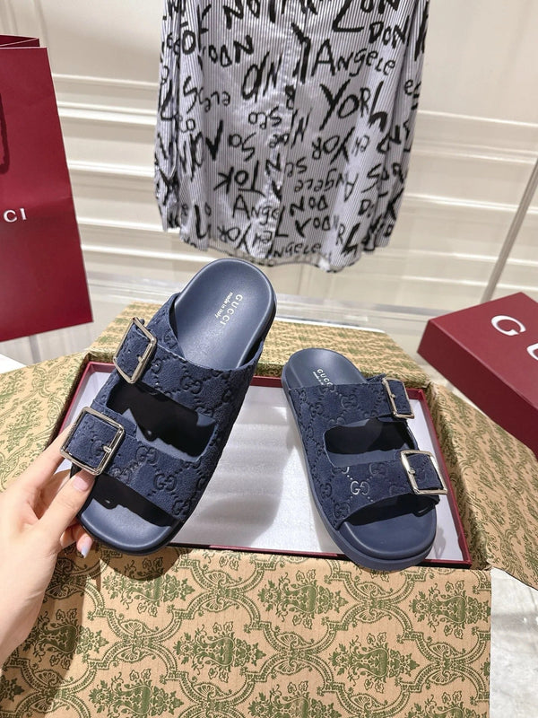 SANDALS IN NAVY BLUE SUEDE EMBOSSED LOGO SILVER HARDWARE