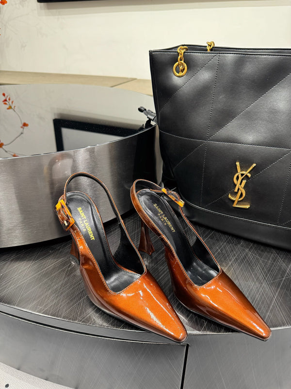 YSL 26S Slingback Heels 10.5cm Buckle Closure Glossy Calfskin