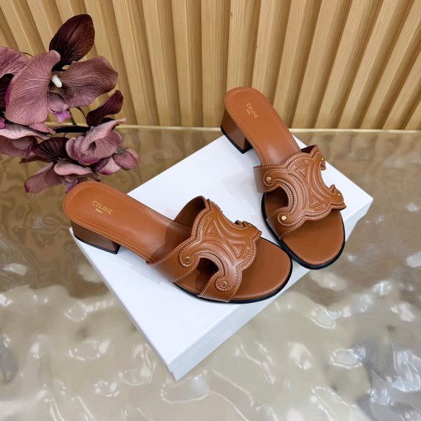 CE 26s Triomphe Block Heel Mules In Cognac Calfskin