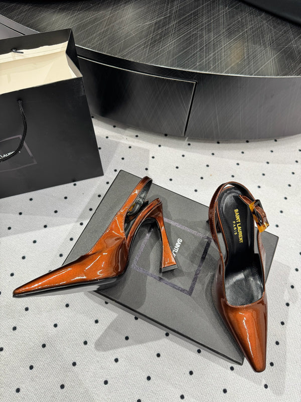 YSL 26S Slingback Heels 10.5cm Buckle Closure Glossy Calfskin