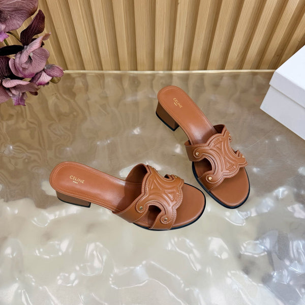 CE 26s Triomphe Block Heel Mules In Cognac Calfskin