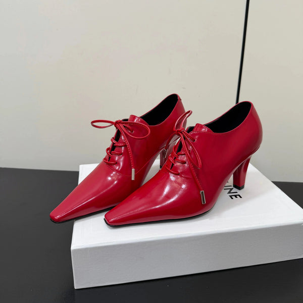 CE 26s Lace Up Pointed Toe Pumps Patent Calfskin