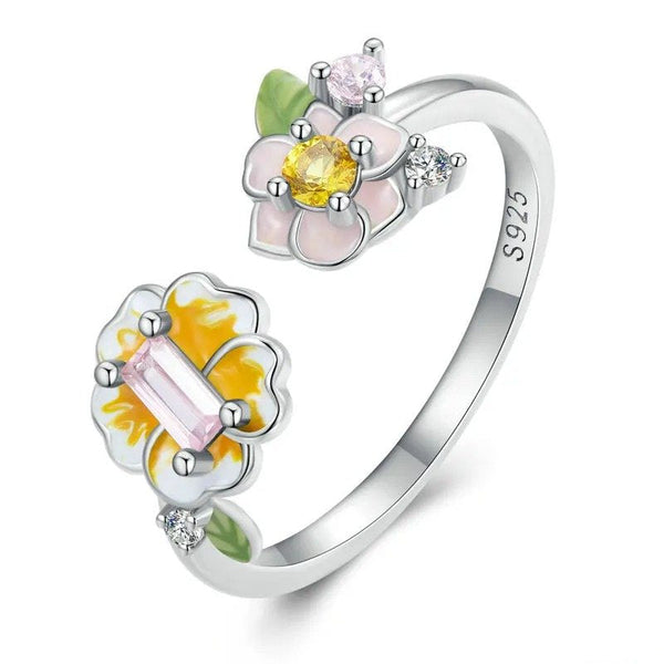 Anello regolabile con fiore in smalto colorato e zircone giallo, anello aperto