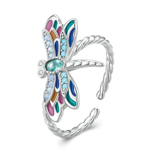 Anello regolabile con apertura a forma di libellula in smalto