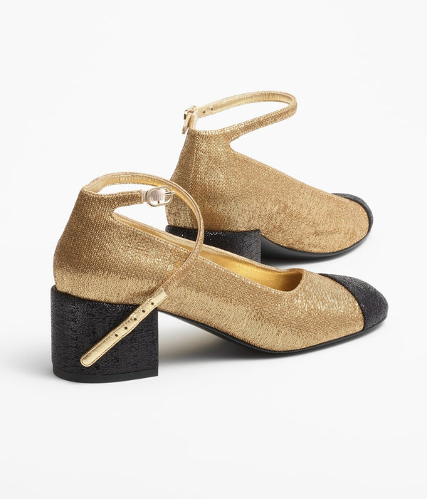 mary janes gold black fabric