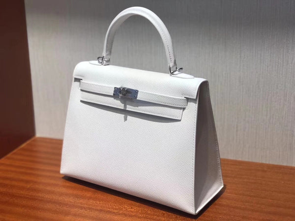 HM KELLY 25CM PURE WHITE EPSOM LEATHER HARDWARE ARGENTO