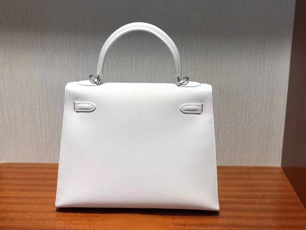 HM KELLY 25CM PURE WHITE EPSOM LEATHER HARDWARE ARGENTO